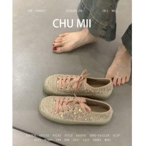 French Style Shiny Sequin Fisherman Shoes Women Thick Bottom Grass Weave Strap Fairy Style Single Shoes round Toe mid Heel