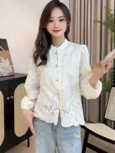 New Chinese Style Short Lace Shirt Womens Fashion Spring 2025 Small Size Super Cute Top Button up Casual Long Sleeve