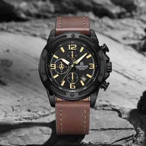 NAVIFORCE นาฬิกานาฬิกาควอตซ์ที่เที่ยงตรงของแท้สำหรับผู้ชายนาฬิกาจับเวลานาฬิกาโครโนกราฟปฏิทินสายหนังแบบคลาสสิกเรืองแสง30เมตรกันน้ำได้สำหรับเด็กชายนักเรียนชายย้อนยุคกีฬาสันทนาการกลางแจ้งนาฬิกาอเนกประสงค์ NF8074