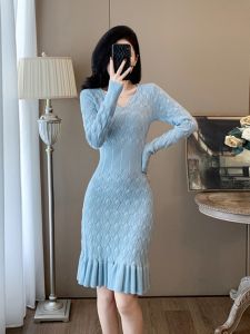 Sweet Elegant Hollow out Knitted Fish Tail Dress Womens Base Layer Skirt High Waist Knitted Long Sleeve Midi Dress Autumn Winter