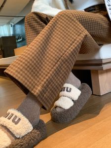 กางเกงสูททรงหลวมสีน้ำตาลลายสก็อตสำหรับผู้หญิง กางเกงขายาวทรงตรง ทรงหลวม ทรงสลิมฟิต กางเกงขายาวทรงหลวมสำหรับผู้หญิง