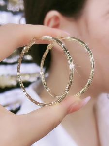 Hoop Earrings Diamond Pattern Glossy Big Ear Ring 2022 New Arrival Tide Does Not Fade Sterling Silver Needle Fashion Wind Exaggerated Ear