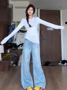 Summer 2025 High Waist Wide Leg Jeans Loose Straight Loose Long Trousers for Taller Women Light Blue Vintage American Style