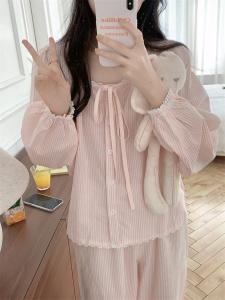 Pure Cotton Sleepwear Set Womens Spring Autumn Long Sleeve Sweet Lace Casual Home Clothes Comfortable Breathable Nightgown