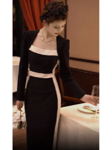 SHANGSHA | Elegant Fench Style Little Fragrance Black Knit Dress