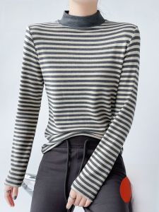 MiiOW | Womens Slim Fit Long Sleeve Striped Base Shirt Half High Collar Cat Person Inner Wear Spring Autumn Winter New Style Warm Top