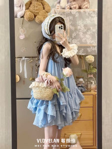 Blue Vacation Style Womens Loose Sleeveless Tank Top with Lace Trim Casual Summer Fashion Design Single Piece Pure Color