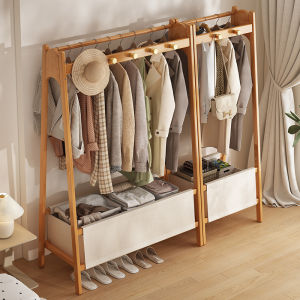Floor Standing Clothes Drying Rack Bedroom Home Use Space Saving Multi Functional Storage Coat Hook Modern Simple Style Bamboo Material