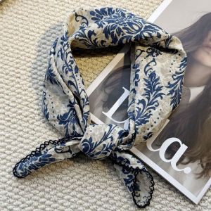 Khăn Choàng Lụa Cổ Lụa Phong Cách Nghệ Thuật Cổ Điển Mùa Xuân Hè Màu Xanh Tím Họa Tiết in Cotton Nguyên Chất Đa Năng Khăn Choàng Phong Cách Hàn Quốc