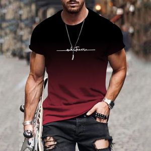 2025 New Mens Gradient Letter Printed Comfortable and Breathable Round Neck T-shirt Outdoor Street Fashion Top