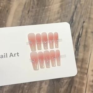10PCS Blush False Nails with Cat Eye Tip and Rhinestone Decor Artificial Nails for Women Daily Wear Party Wedding