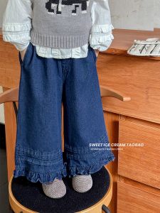 Quần Jeans Denim Ống Rộng Thời Trang Cho Bé Gái Mùa Xuân Thu Quần Dài Phong Cách Rừng Cỏ Quần Dài Thường Ngày Cho Bé Cưng