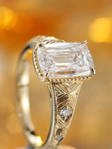 Queensun IGI 3ct D VS 18k Gold Lab Diamond Emerald Cut Vintage Filigree Engagement Ring | Lab Diamond Vintage Filigree Ring | Sparkling Baguette Diamond Ring | Minimalist Luxury Wedding Band | Daily Wear Vintage Diamond Ring 18K 金培育钻石祖母绿切主钻戒复古花丝钻戒