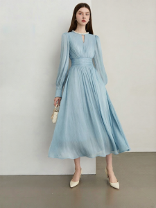 D-PLAY | Elegant Flowy Blue Dress Short Sleeve