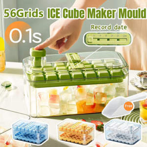 Ice Cube Trays Set Press Ice Grid 56 Pcs Ice Cube Tray with Lid & Bin Easy Release & Space Saving