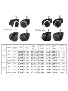 Pack of 5 Quiet 2" PU Rolling Casters for Office Chairs Compatible with 10mm/11mm Screws and Secure Circlips