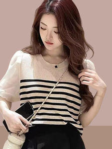 WANGGONGZHU | Princess Style Ice Silk Knitted Short Sleeve T-Shirt Womens Summer Thin New Design Anti-Aging Bubble Sleeve Top Korean Version