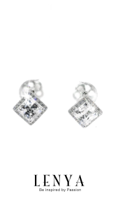 LENYA ต่างหู CZ จาก SWAROVSKI ทรงสี่เหลี่ยมน่ารัก ขนาด 4 มิล ตัวเรือนเงินแท้925 ชุบทองคำขาว