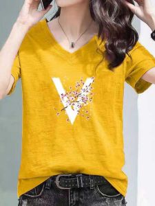 เสื้อยืดคอกว้างแขนสั้นผ้าฝ้ายไผ่ ทรงหลวม สำหรับผู้หญิง ฤดูร้อน 2024 เสื้อผ้าทำงานสไตล์เกาหลี ลายพิมพ์ ปกติ