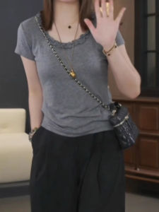 BINKAFENNY | Summer Slimming Grey T-Shirt Womens Round Neck Short Sleeve Micro Plump MM Wooden Edge Ear Trendy Versatile Plus Size Top