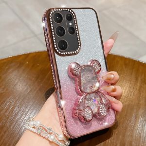 Diamond Glitter Swan Stand Case for Samsung Galaxy S26 Ultra S25 FE S24 Plus A17 A56 Luxury Shockproof Bear Holder Clear Cover