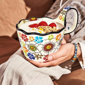 1pc Hand-Painted Floral Ceramic Mug with Handle Microwave Safe Insulated for Hot & Cold Drinks Coffee Cup