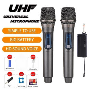 Wireless Microphone 2 Channels U-H-F Dual Handheld Dynamic Microphone with Rechargeable for AMP Karao-ke Wedding