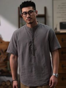 Loose Fit Linen Cotton Shirt Men Summer Thin Casual Short Sleeve Stand Collar Breathable Comfortable Youth Trend Fashion Shirt