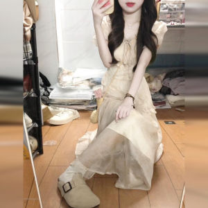 BeautyMark | French Style Womens Dress Waist-Cinched Long Summer Unique Beautiful A-Line Skirt Standard Fit Casual V-Neck Short Sleeve