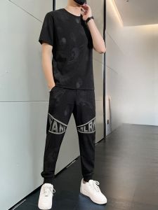 ROMON | Lomond Mens Summer Ice Silk Short Sleeve T-Shirt Fitness Running Thin Two-Piece Set Casual Sportswear Youth Nylon Rayon Spandex