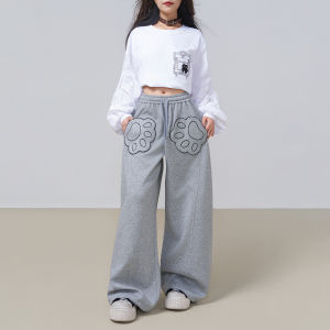 KEIKO Grey Cat Claw Pocket Sweatpants Womens Spring Casual Wide Leg Pants Asymmetric High Waist Cotton Polyester Blend