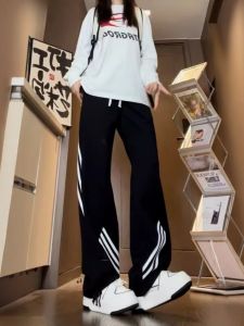 American Stripe Sports Pants Womens Spring Autumn Loose Casual Pants Wide Leg Pants Comfortable Fit Street Style Polyester Fiber
