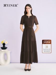 YINER | Đầm Lụa Chiffon Tầng Xòe Cổ Tròn Có Hạt Thắt Dây Cao Elegante Mùa Hè
