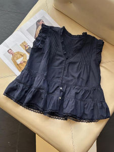 Shalldoer | Unique Elegant Blue Pleated Wood Ear V-neck Doll Shirt Ladies Summer Sleeveless Lace Trim Top Casual Loose Style Breathable