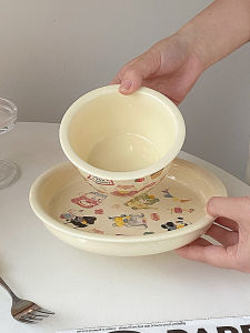 Cute Ceramic Rice Bowl Plate Set Student Dormitory High Aesthetic Value Ins Style Personal Dining Utensils round Shape Adult Size