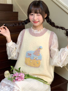 Áo Len Dệt Kim Cổ Tròn Không Tay Mềm Mại Cho Nữ Áo Khoác Ngoài Mùa Xuân Thu Áo Vest Hoạt Hình Bánh Kem Dễ Thương