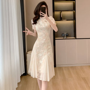 Váy Dài Vừa Phải Thêu Kiểu Trung Quốc Mới 2024 Váy Chữ a Cạp Cao Tay Ngắn Mùa Hè Cho Nữ