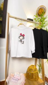 Áo dài tay cho bé gái size đại 7-16 tuổi in chữ và em bé vải cotton dày co giãn dáng thời trang