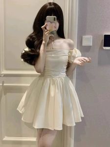 French Pure Desire White off-Shoulder Dress Womens Summer Fancy Elegant Bubble Dress Waist-Tight Petite Short Dress