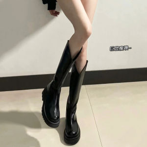 Womens High-Tube Knight Boots 2024 New Fashion Inner Heightening V-Notch Long Boots Waterproof Platform Korean Style