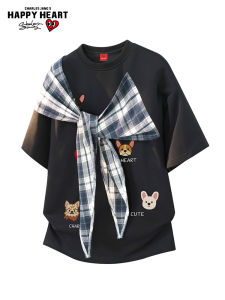 CHARLES JANGS HAPPY HEART | American Check Hearts Bow Tie Design Loose Short Sleeve Round Neck T-Shirt