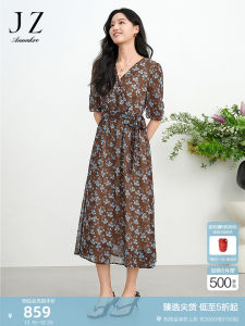 Romantic Floral Print Chiffon Dress Waist Cinched Summer New Style JUZUI Elegant V-Neck Long Skirt Bubble Sleeve Polyester Fiber