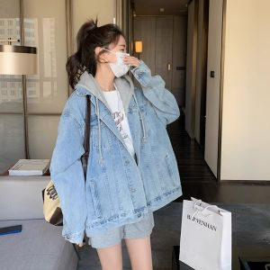plus Size Denim Jacket with Hood for plus Size Women Autumn Winter New Style Loose Fit Slimming Trendy Open Cardigan Top