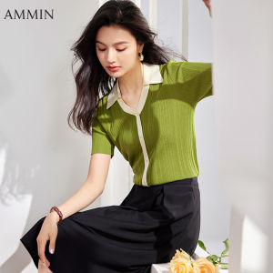 AMMIN Áo Khoác Cardigan Nữ Mùa Hè Mới Phong Cách Hàn Quốc Màu Chắp Vá Cổ Áo Polo Xếp Ly Thiết Kế Khâu Co Dãn Ngắn Tay Áo Phông Dệt Kim Cá Tính Thường Ngày Phong Cách Ngắn