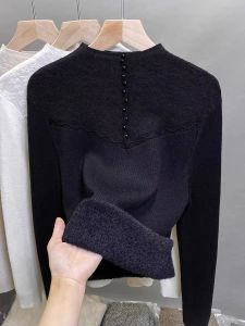 Single-Layer Fleece-Lined Mock Neck Sweater Womens Autumn and Winter Fleece-lined Thickened Bottoming Shirt Lace Inner Sweater Heattech Tops