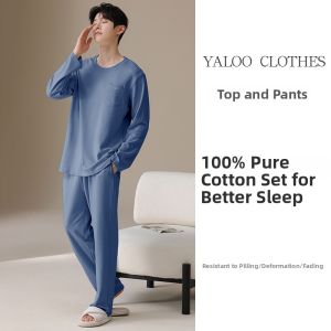 Pure Cotton Long Sleeve Long Pants Mens Sleepwear