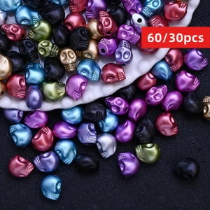 12*10mm 60/30pcs Halloween Skull Beads - Black & White Skull Designs Loose Beads for DIY Jewelry Making Bracelets Necklaces