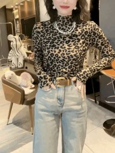 Áo Thun Dài Tay Cổ Cao Họa Tiết Da Báo Thời Trang Thu Đông Cho Nữ Áo Lót Ôm Vừa Vặn Chất Liệu Cotton Pha Trộn