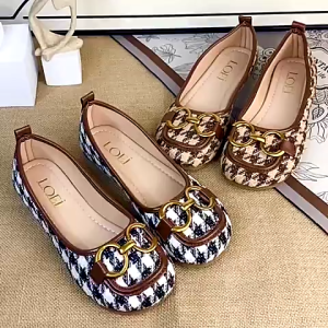 Flat Shoes Wanita Motif Houndstooth Elegan – Sepatu Slip On Kekinian Kulit Sintetis Size 36-40