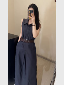 QFN | Vintage Sleeveless Dark Blue Summer Workwear V-Neck Slimming Waist Cinching Dress
